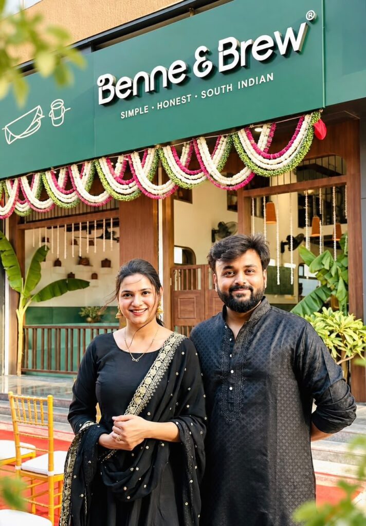 Founders Akshay and Suhasini standing outside Benne & Brew, decorated with flower garlands